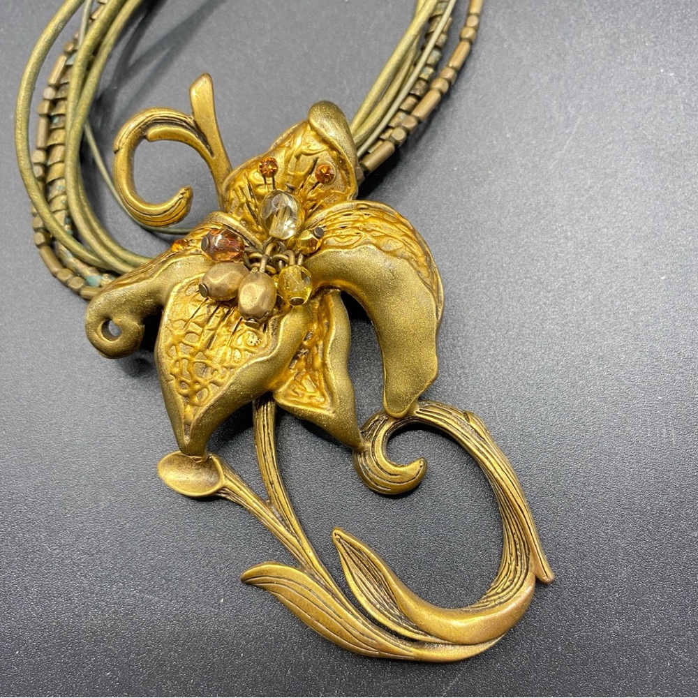 CHICO'S Gold Floral Corded Necklace Multistrand Bohemian Style